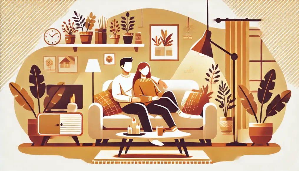 A couple relaxing on a cozy sofa, enjoying a peaceful moment together