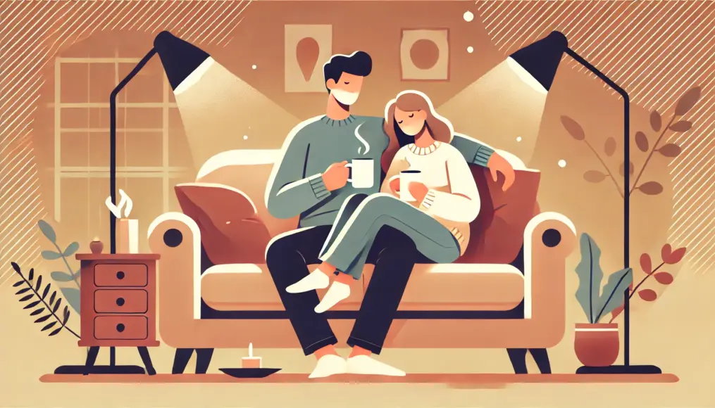 A couple relaxing in their living room, drinking coffee while gently leaning against each other, enjoying a peaceful moment together