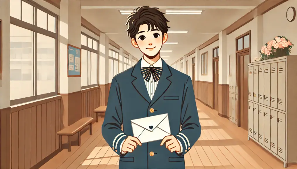 A young man in a Showa-era school uniform, standing in the hallway, smiling as he holds an envelope. He has just received a love letter and looks both surprised and delighted. The school corridor in the background enhances the nostalgic atmosphere.