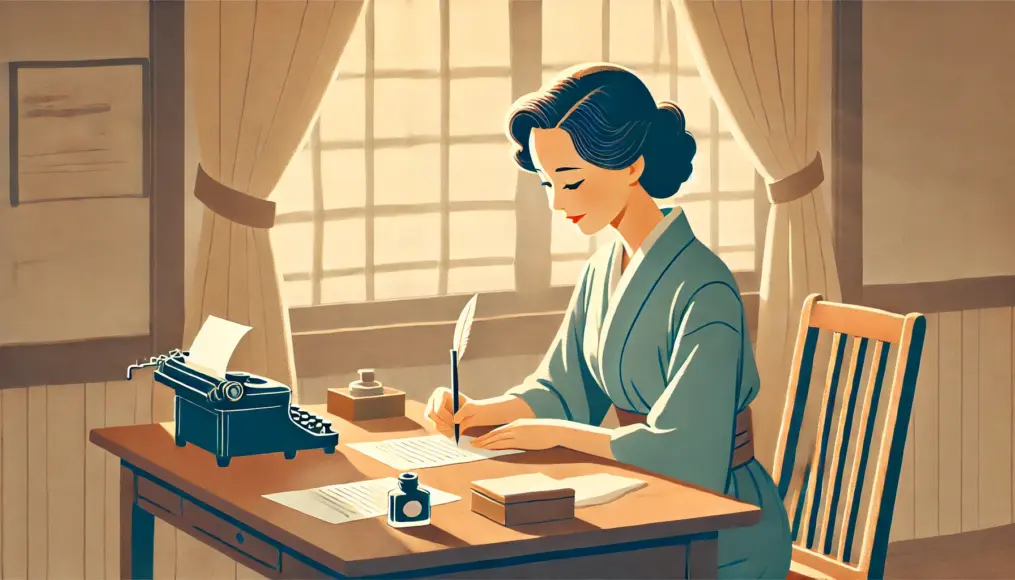 A young woman in a Showa-era room, sitting at a desk writing a letter. On the desk are stationery, a pen, and an ink bottle, with soft light filtering through the curtains. She has a thoughtful expression as she writes, occasionally smiling.