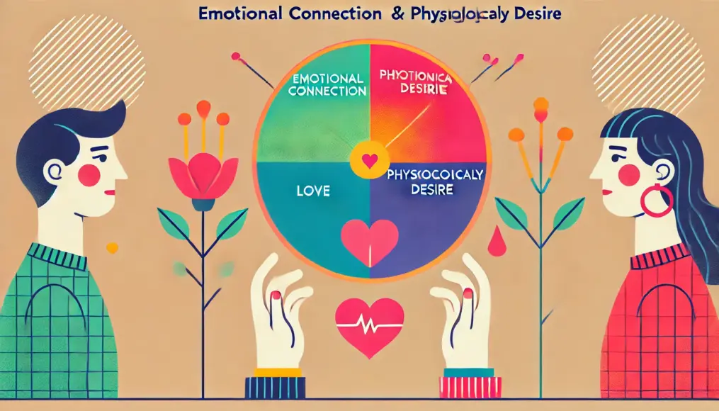 A chart showing the difference between romantic feelings and sexual desire. The chart visually expresses the emotional connection and physiological urges to explain the relationship between love and sex.