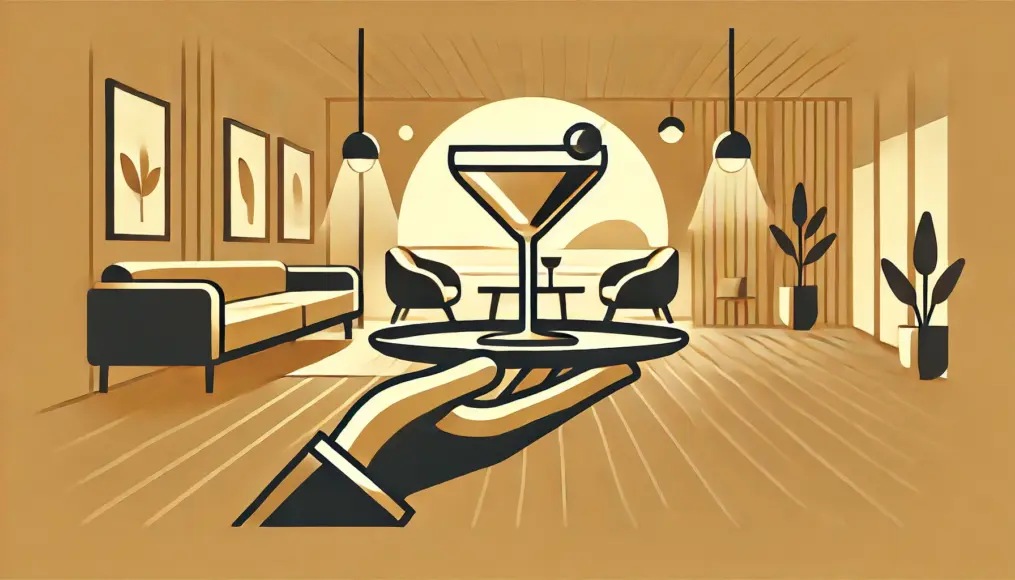 A sophisticated cocktail glass being held, capturing a moment of elegant relaxation. The scene is illuminated by warm, cozy lighting, creating a serene atmosphere.