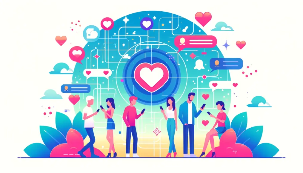 More people using dating apps on their smartphones to find romantic partners. The background features digital elements representing the modern way of dating