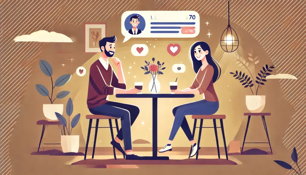 Illustration of a couple enjoying an in-person date after meeting through a dating app