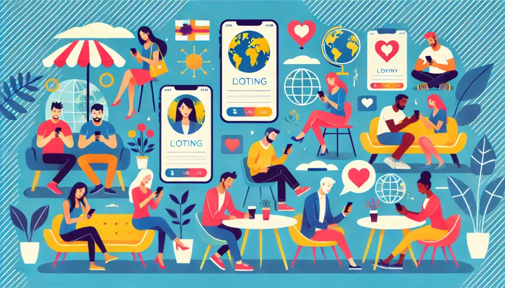 People from different countries using dating apps on their smartphones, engaging in cross-cultural conversations