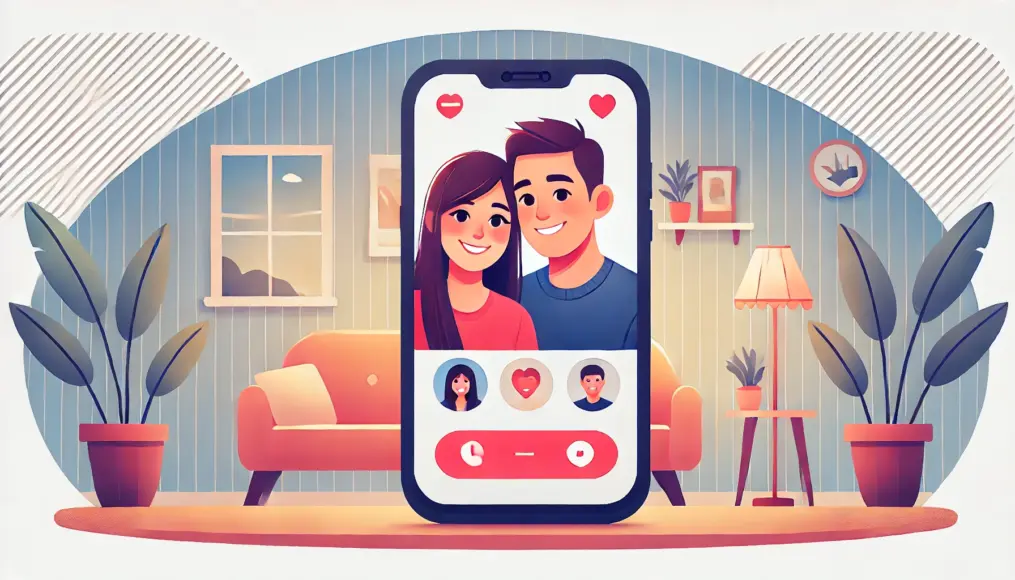 A couple from different countries meeting through a dating app, engaging in a video call