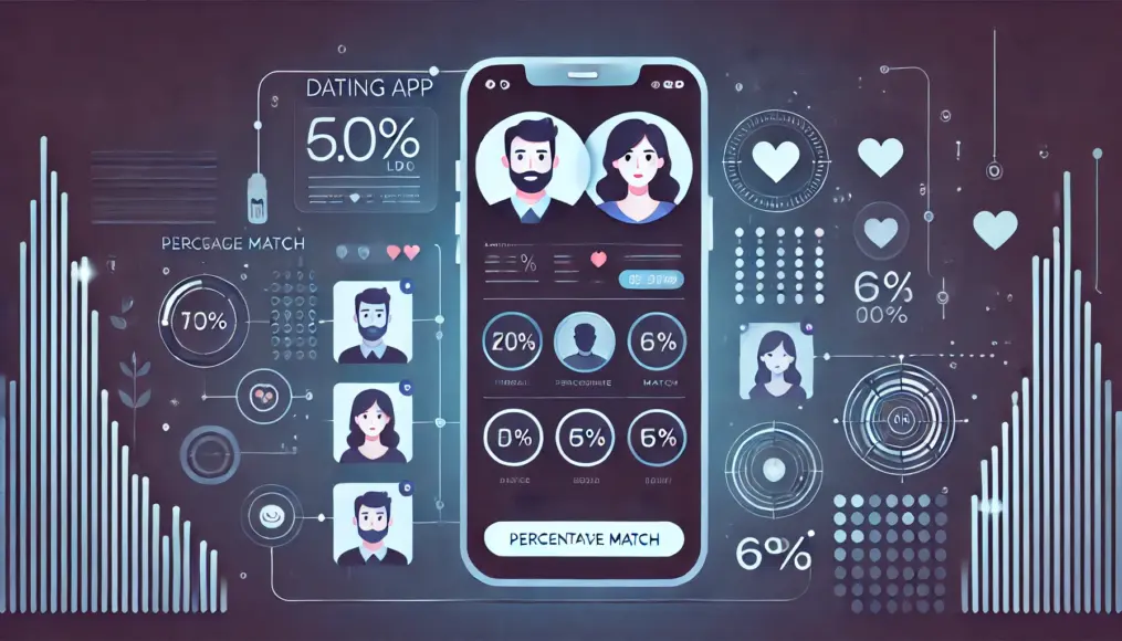 A smartphone screen displaying a dating app's algorithm, analyzing compatibility between two users