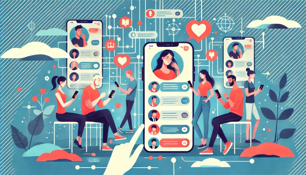 Illustration of people exchanging messages on a dating app, looking at their smartphones