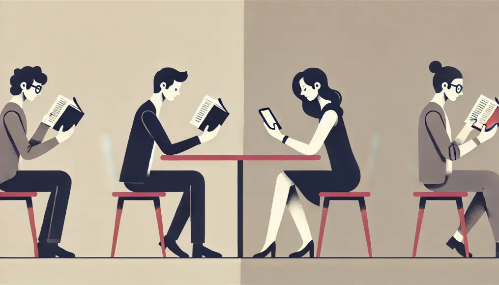 A couple looking at different sources of information—one reading a book and the other browsing on a smartphone—highlighting the contrast in how they acquire knowledge about sex.