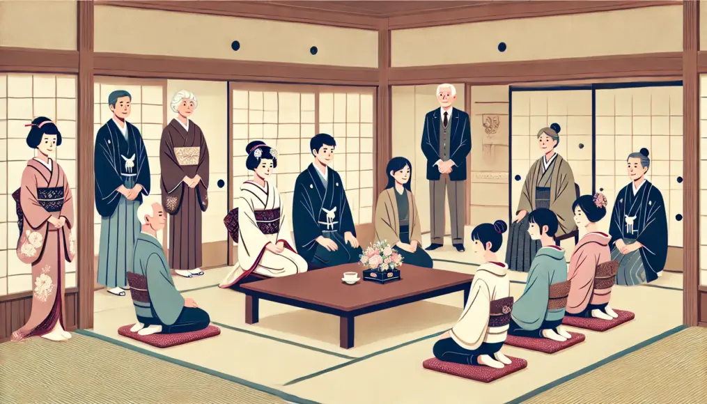 In a merchant family's formal meeting room, a young man and woman sit with their families as they formally finalize their engagement.