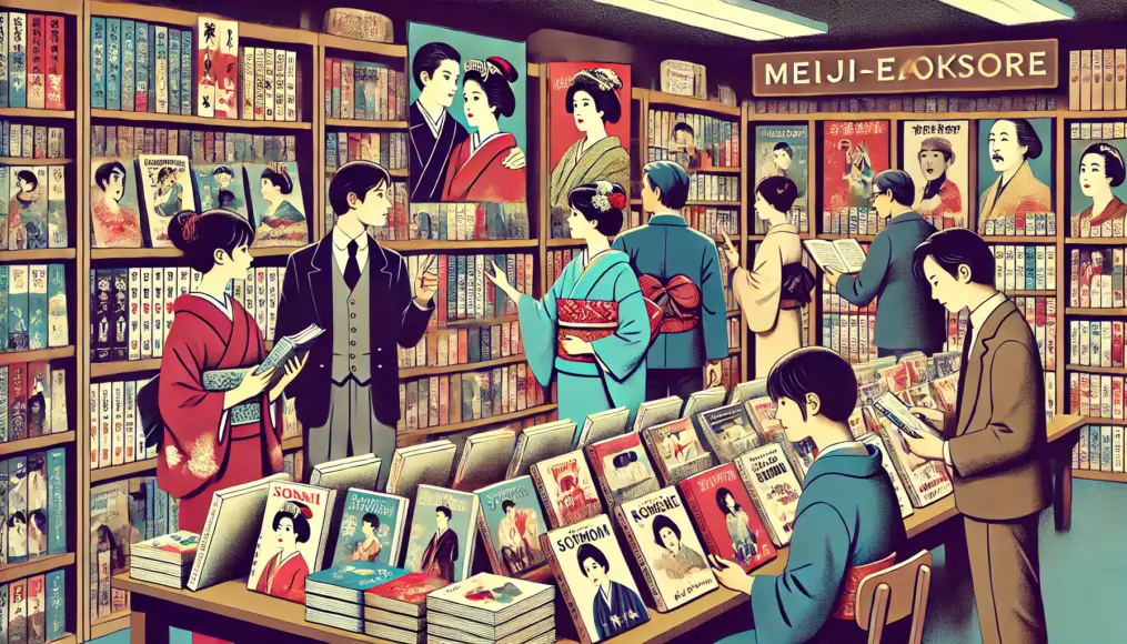 A Meiji-era bookstore where young people eagerly read books about romance. Bookshelves are filled with publications featuring traditionally dressed couples on the covers, reflecting the era’s changing views on love.