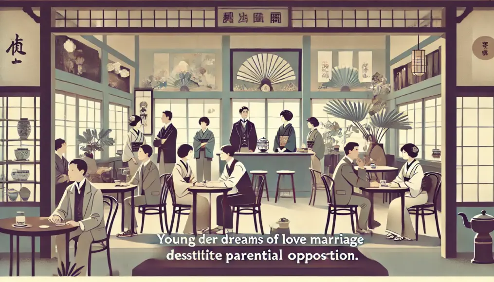 A Meiji-era café where young men and women discuss their dreams of love marriage despite parental opposition. The interior features modern Western-style furniture, symbolizing the era’s transition.