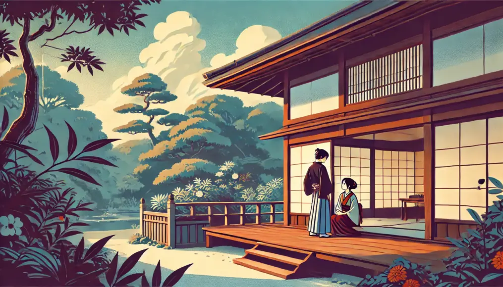 On the veranda of a traditional Meiji-era house, a young couple quietly discusses their marriage plans. The background showcases a serene Japanese garden, emphasizing their private and heartfelt conversation.