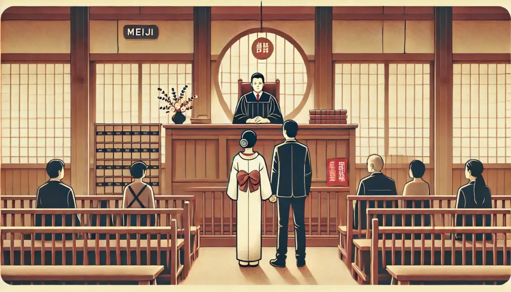 Inside a Meiji-era courtroom, a judge presides over a marriage-related case. A couple stands before the judge, with bookshelves filled with legal texts in the background, emphasizing the importance of law in marriage.