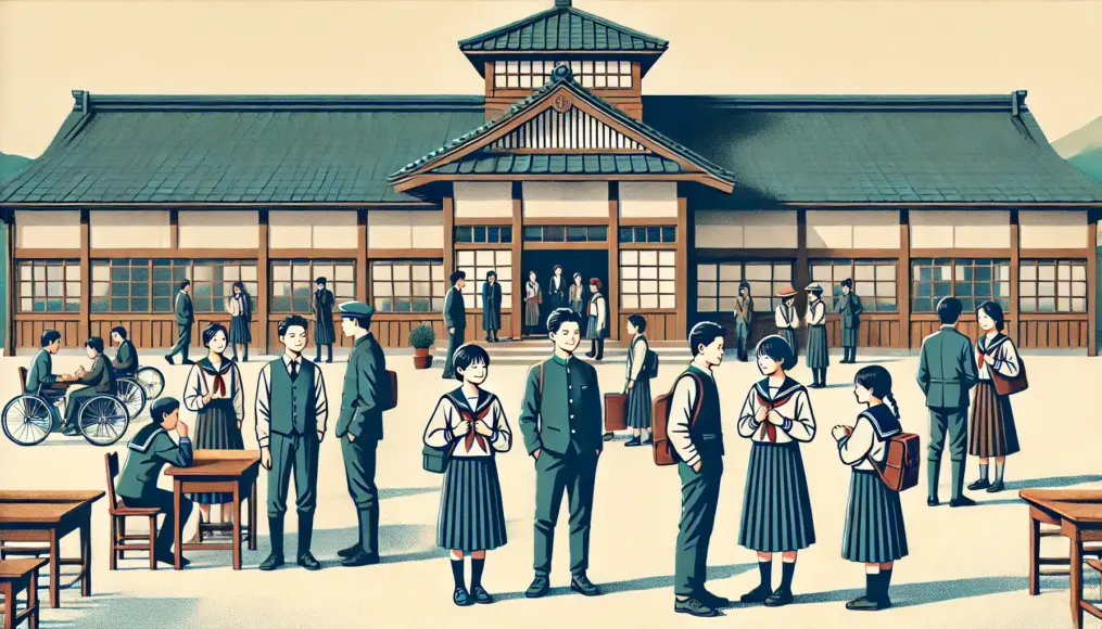 In the courtyard of a Meiji-era school, male and female students in traditional uniforms are chatting. A wooden school building stands in the background, symbolizing the educational setting.