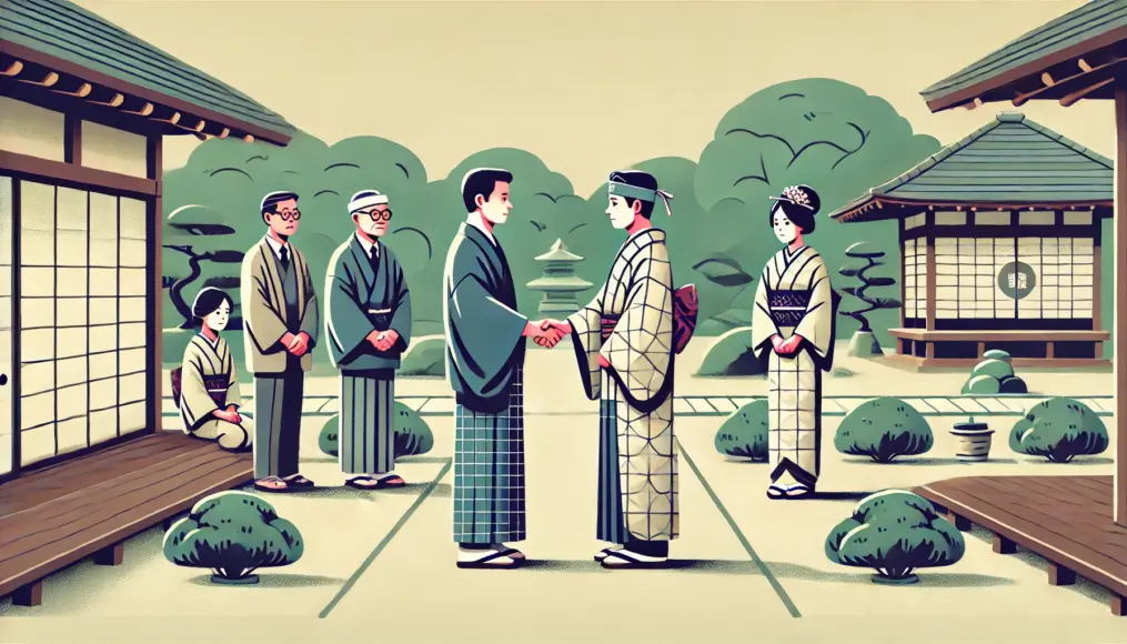 In a Japanese garden during the Meiji era, two family heads shake hands firmly to confirm a marriage agreement, while the bride and groom stand nervously beside them.