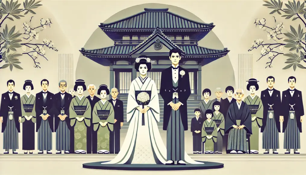 At a Meiji-era wedding ceremony, a bride and groom stand apart from each other with awkward expressions while formally dressed family members look on in a solemn atmosphere.