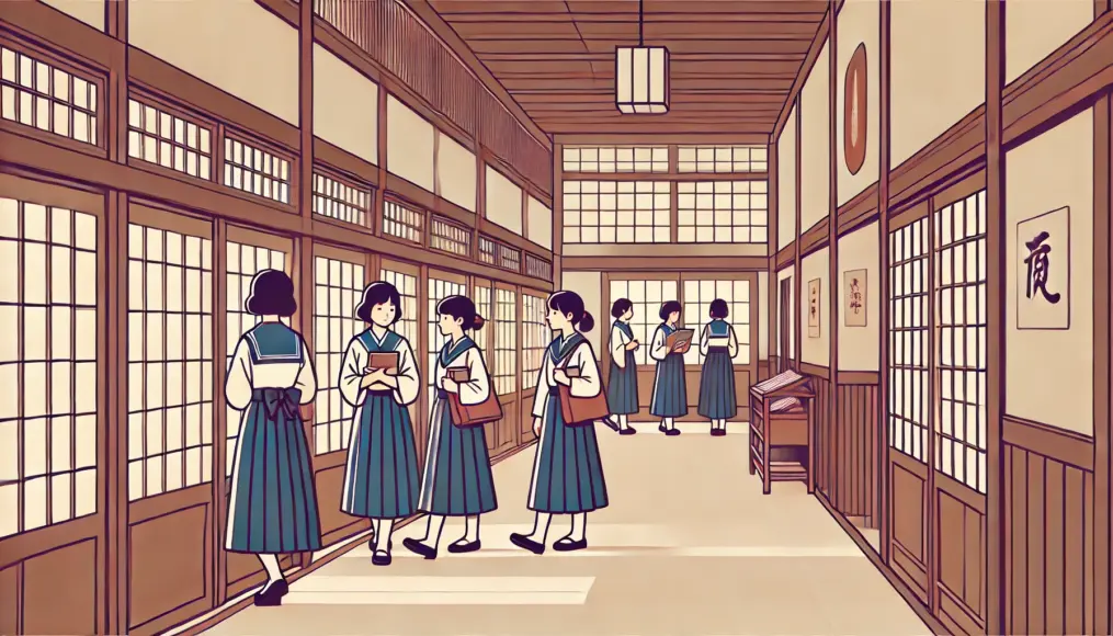 In the hallway of a Meiji-era girls’ school, female students are chatting while holding books. A teacher walks in the background, adding to the scholarly atmosphere.