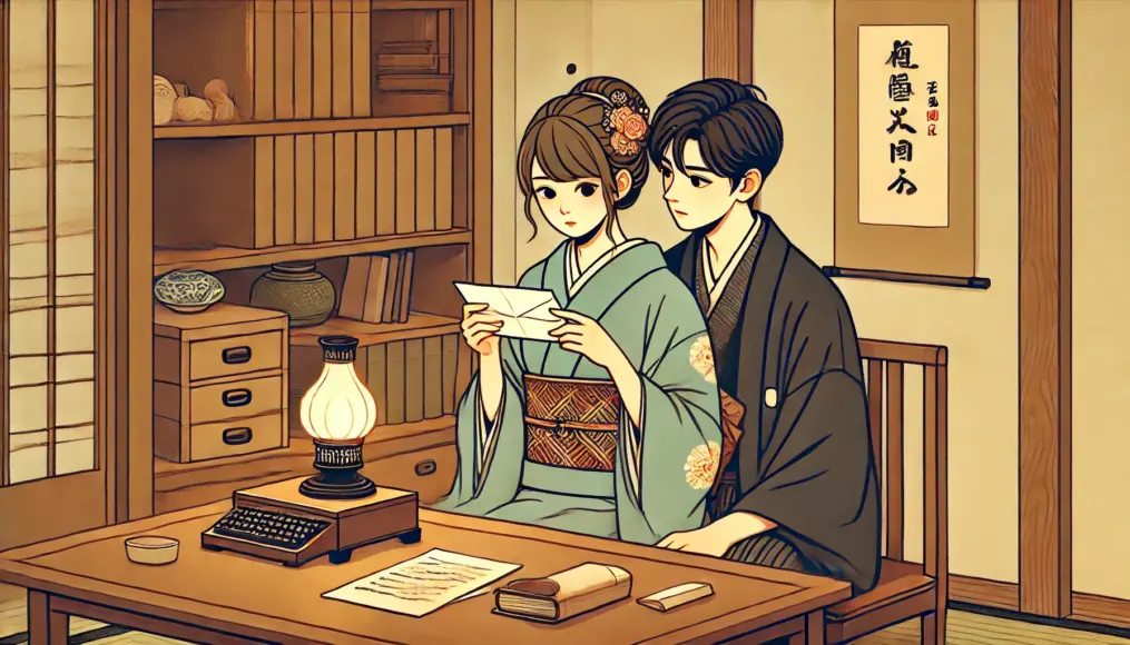 Inside a study room during the Meiji era, a young couple secretly exchanges letters while glancing around nervously to avoid being caught by their parents.