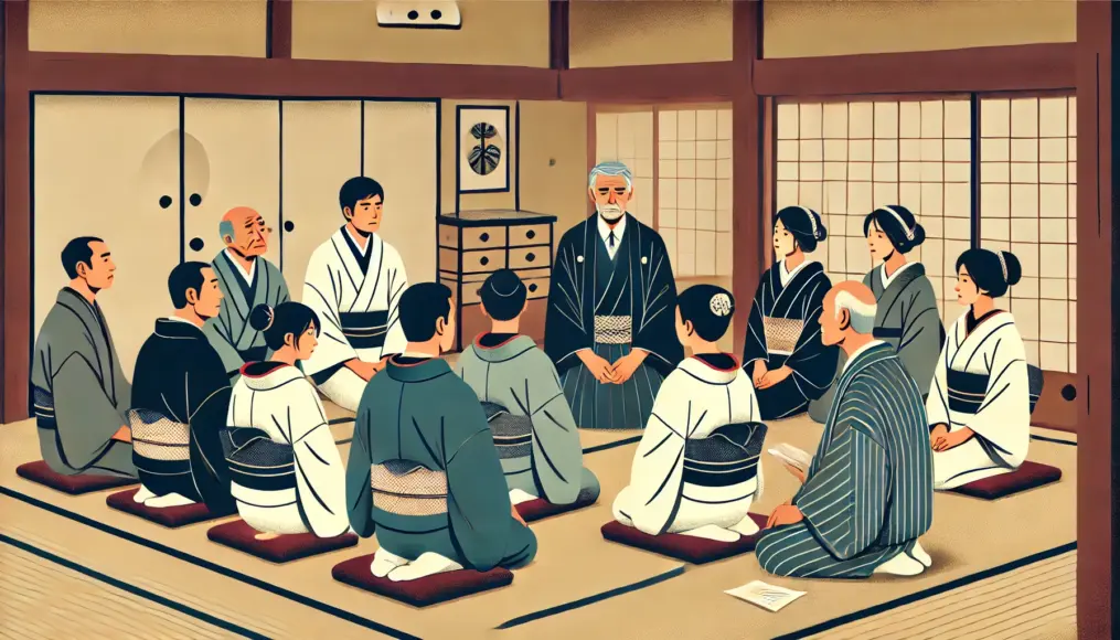 In a traditional Japanese house during the Meiji era, a family is discussing a marriage arrangement in a formal setting. The head of the family speaks sternly while others listen attentively.