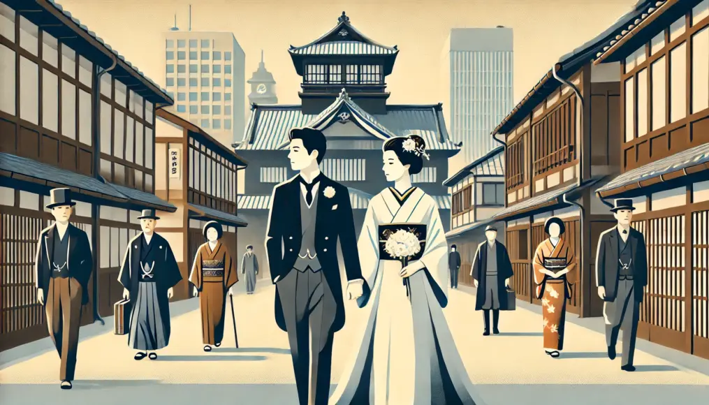 A newlywed couple in the Meiji era walks cautiously through town, aware of the gazes of those around them. Traditional and modern buildings coexist in the background, reflecting the changing times.