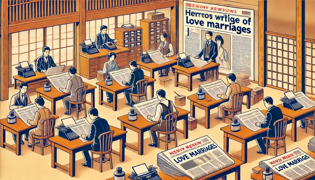 Inside a Meiji-era newspaper office, journalists are writing articles on love and marriage. The desk is covered with newspapers discussing the rise of love marriages, while editors debate opinions.