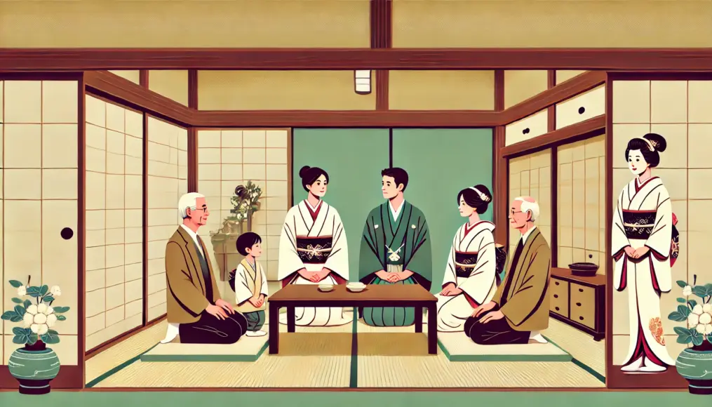 Inside a traditional Japanese room during the Meiji era, parents discuss an arranged marriage while the young couple secretly exchange glances. A tea set sits on the tatami mat, creating a peaceful atmosphere.