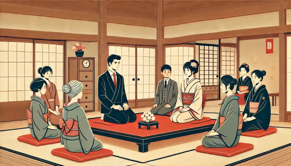 A young man and woman meet for an arranged marriage in a formal room of an elite household during the Meiji era. Family members watch closely with serious expressions.