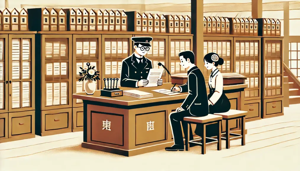 Inside a Meiji-era government office, a couple is submitting marriage registration documents to an official. Wooden counters are lined with paperwork, representing the formalization of marriage procedures.