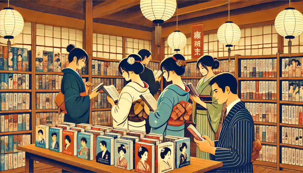 A Meiji-era rental bookstore where young men and women enthusiastically browse romance novels. The book covers vividly depict couples in traditional attire, sparking curiosity and excitement.