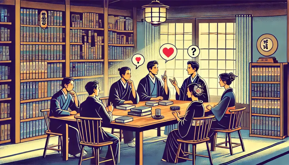 Inside a Meiji-era study room, young intellectuals are debating love and marriage. Books and documents are scattered across the table as they engage in deep discussion.