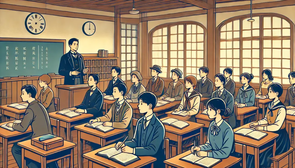 A Meiji-era school classroom where male and female students are attentively listening to a lesson. Wooden desks and chairs are arranged neatly, with textbooks and notebooks open as students focus on their studies.