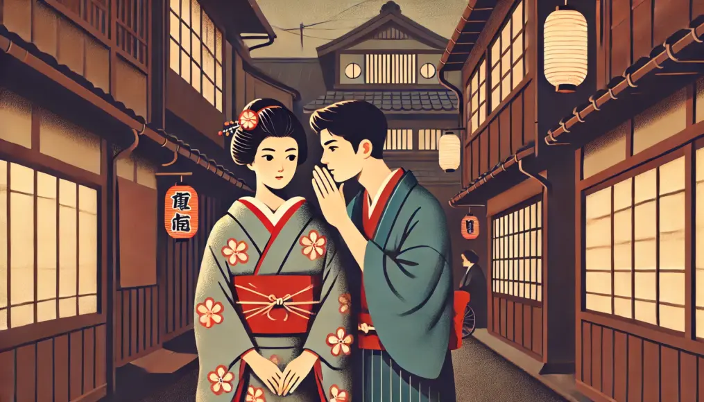 A young couple in the Meiji era, dressed in traditional attire, secretly talk in a quiet corner of a bustling town, careful not to be seen.