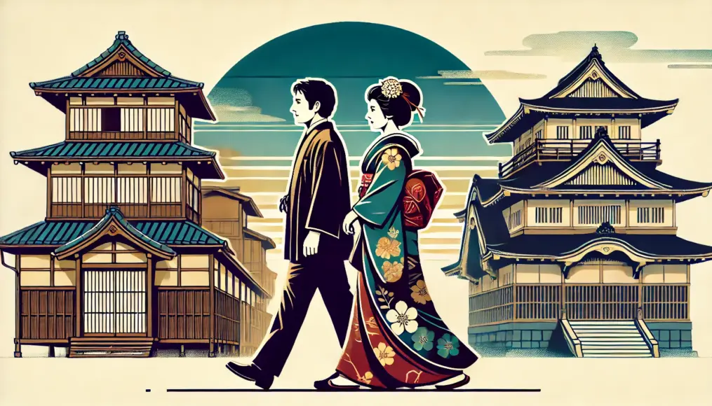 A couple dressed in both traditional kimono and Western-style clothing walking together, symbolizing the transition from the Meiji to the Showa era. The background features a mix of traditional wooden buildings and modern architecture, representing the evolving times.