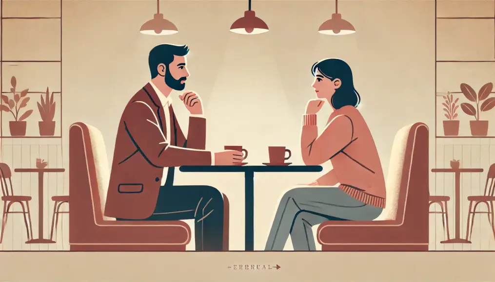 A couple sitting at a café table, engaged in a serious conversation, reflecting on their different values