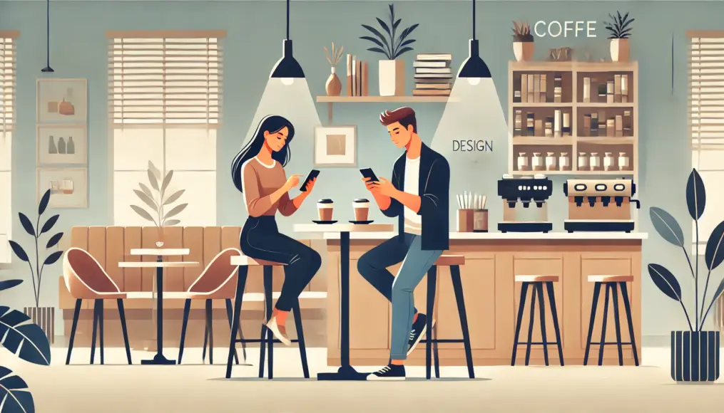 A modern café where a young couple enjoys coffee while looking at their smartphones. The background features stylish interior décor, creating a relaxed and contemporary atmosphere.