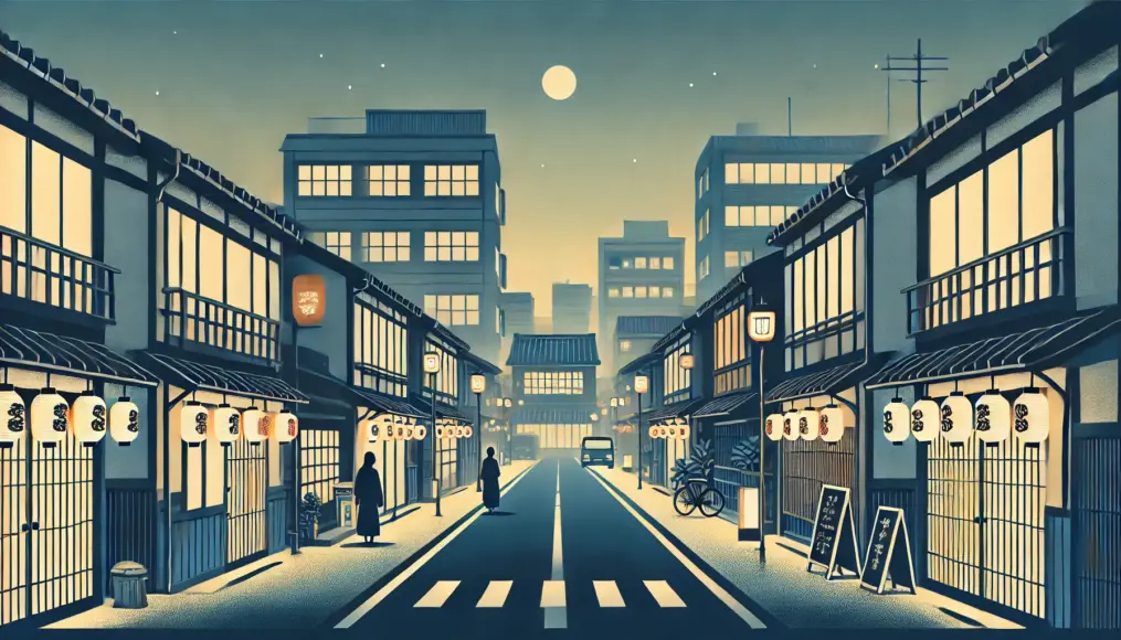 A quiet street resembling a modern hanamachi (flower town), lined with traditional buildings illuminated by lanterns