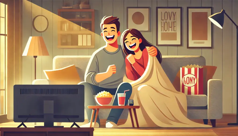 A couple sitting on the couch, laughing while watching a movie