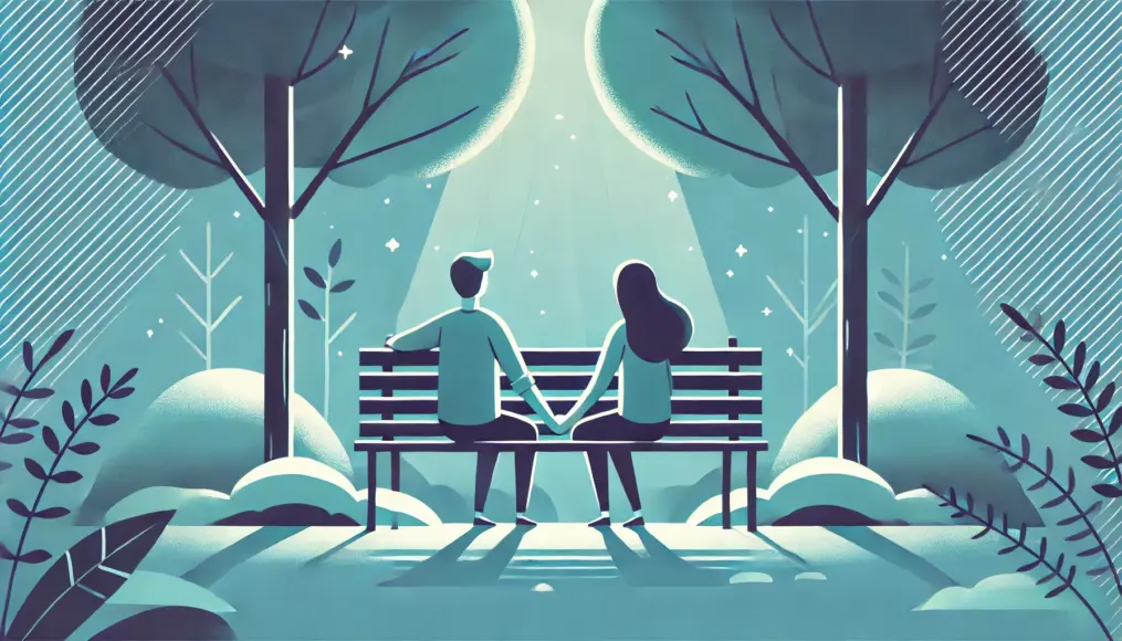 A couple sitting on a park bench surrounded by trees, firmly holding hands to reinforce their connection and share a quiet, meaningful moment