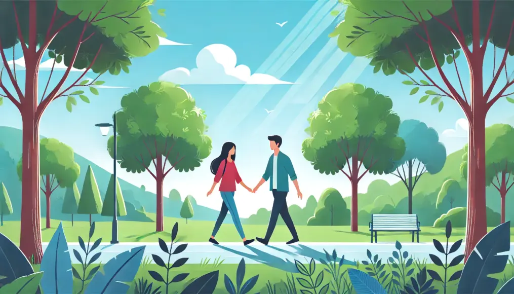 A couple walking in a scenic park surrounded by trees, enjoying a peaceful and refreshing stroll