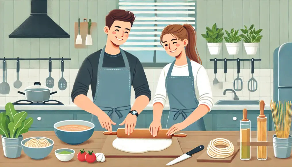 A couple making pasta together in a cooking class, both wearing aprons and smiling as they collaborate