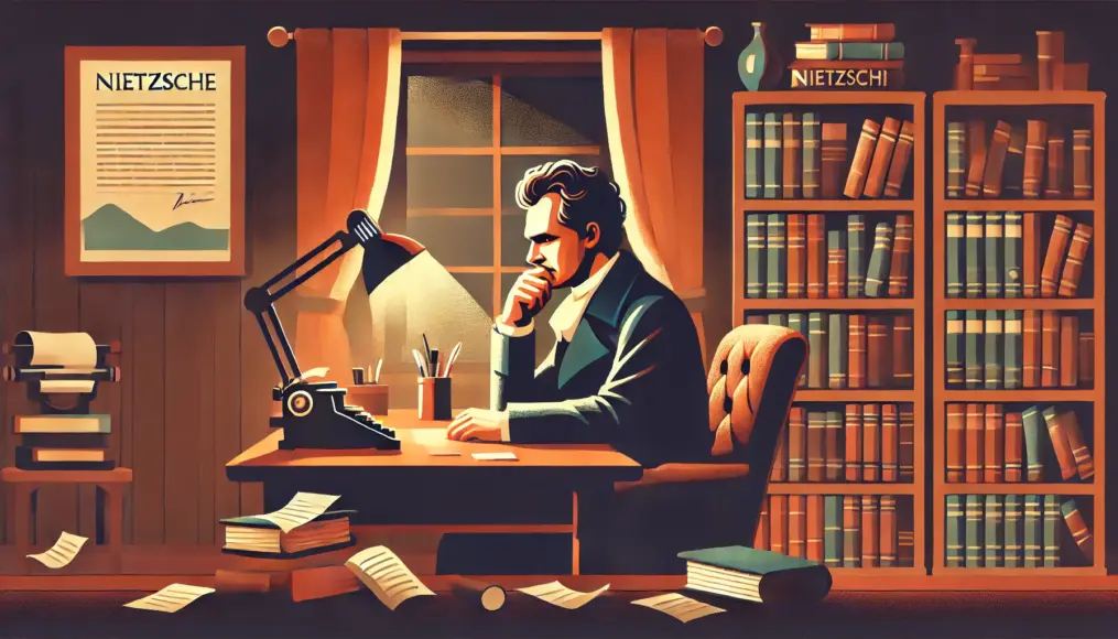 Philosopher Nietzsche deep in thought while writing in his study