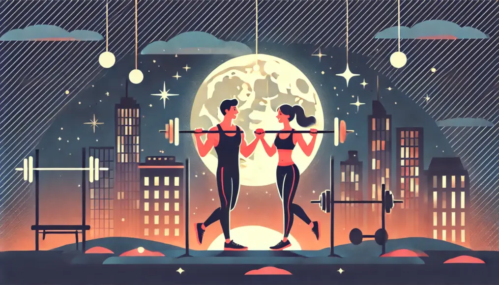 A fit couple holding hands and smiling against a nighttime cityscape, with a glowing moon and stars in the background, symbolizing the connection between fitness and intimacy.