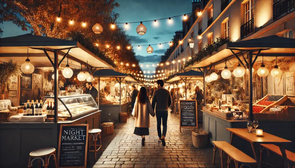 Food stalls lined up at a night market, bustling with people enjoying their meals