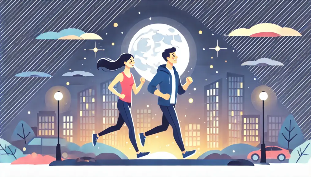 A couple jogging together at night, smiling and talking as they run, symbolizing increased energy and intimacy through exercise.