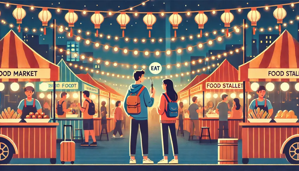 A couple standing at the entrance of a night market. Rows of illuminated food stalls create a lively atmosphere as they discuss what to eat