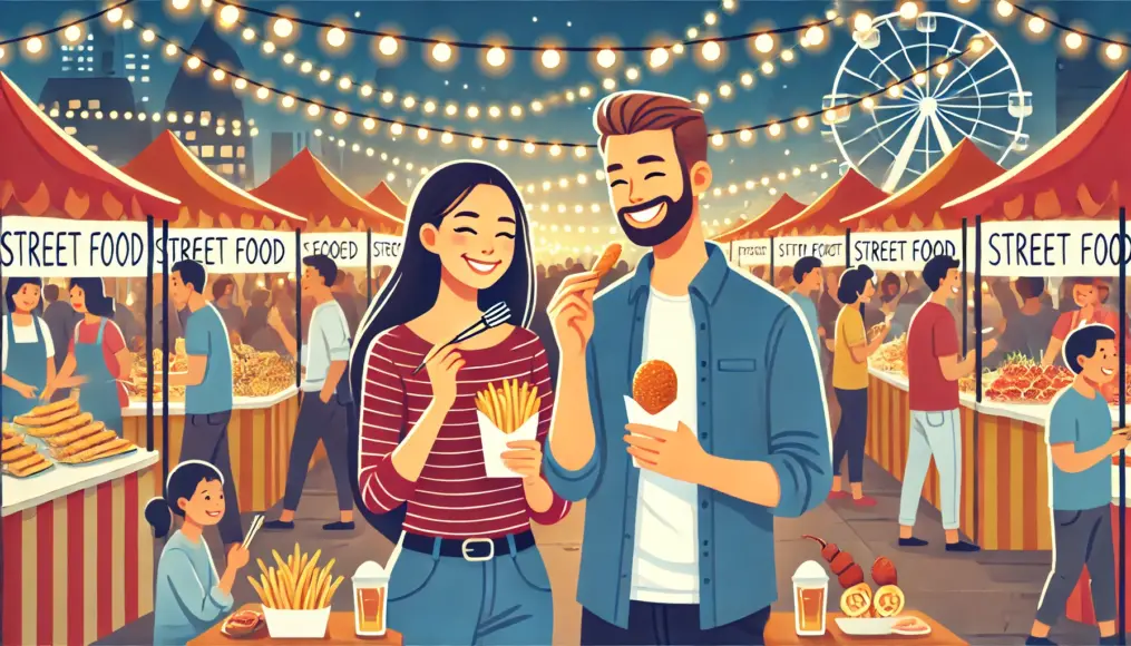 A couple enjoying street food at a night market. Holding delicious snacks, they smile and share a joyful conversation