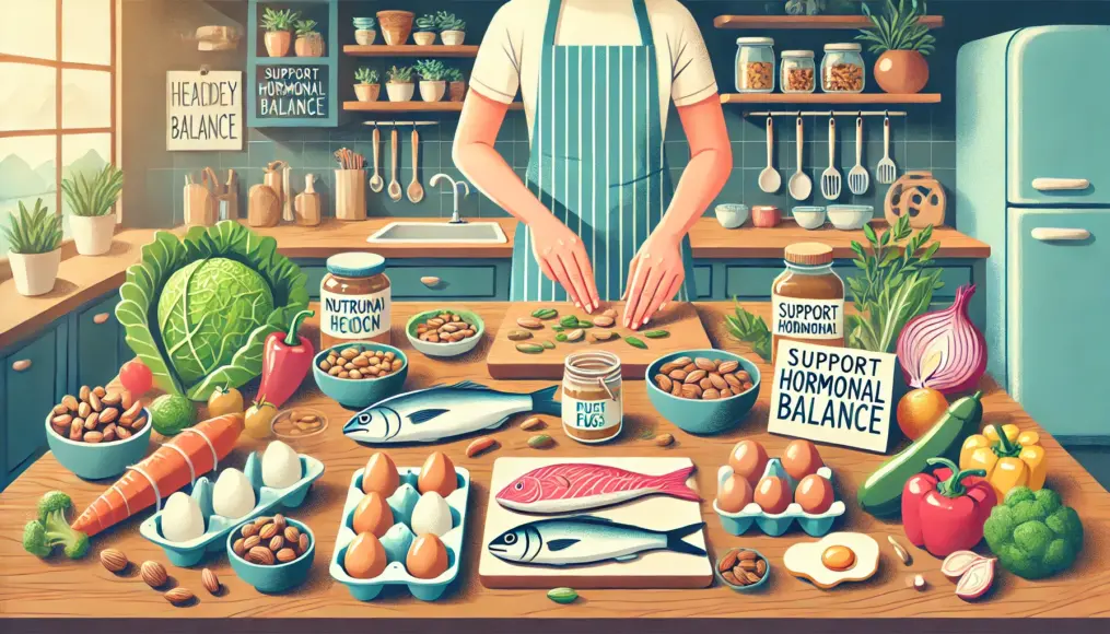 A person preparing a nutrient-rich meal with ingredients that support hormonal balance