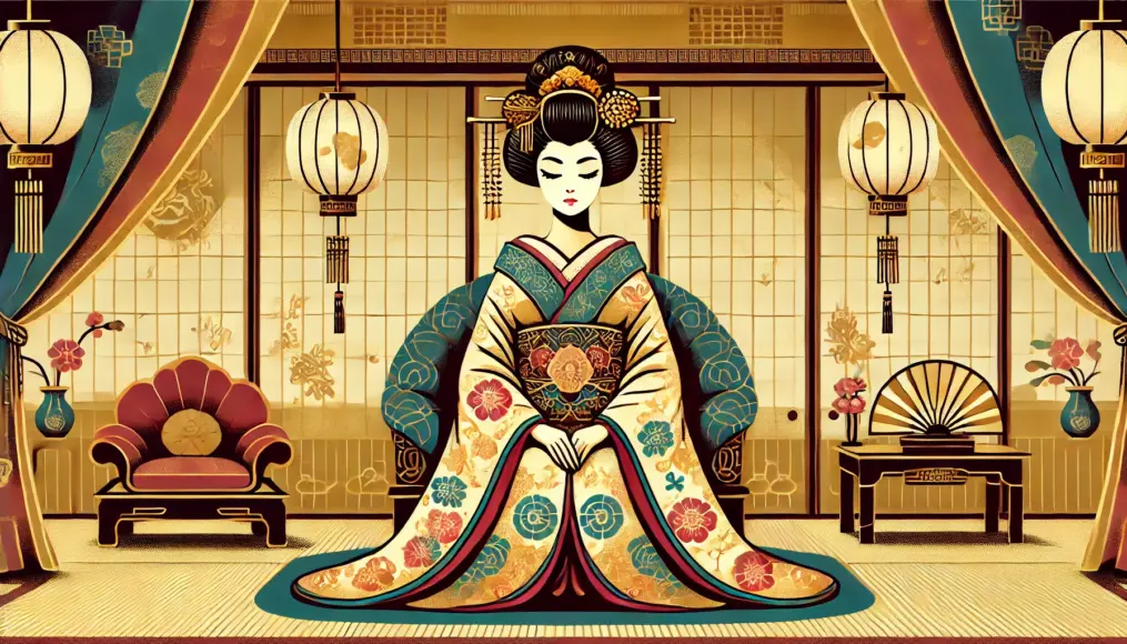 A high-ranking courtesan sitting elegantly, adorned in a luxurious kimono with intricate hair ornaments. The room is beautifully decorated, reflecting the splendor of the pleasure district