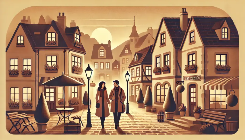 A couple walking through a retro town, enjoying the quiet and nostalgic atmosphere